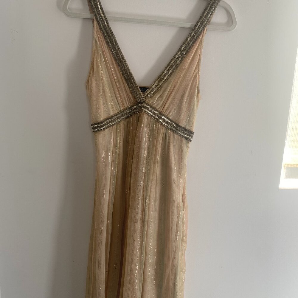 Maria Bianca Nero Gold Sparkly Chiffon Beaded Mini Dress Sz S